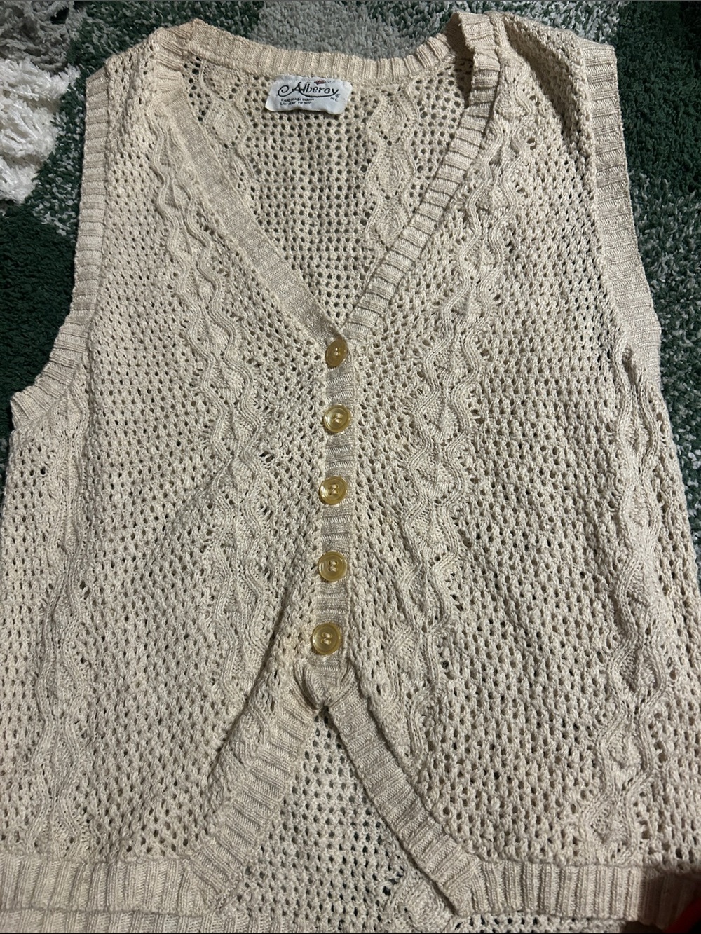 Alberoy Vintage !!! Cream Open-Knit Cable Button Sweater Vest hand wash size S